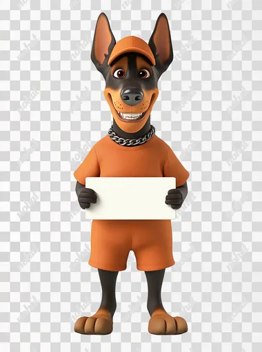 Doberman dog mascot, smiling, standing on two paws, holding sign, sign without inscription, wearing orange pajamas, orange cap on his head, silver chain around his neck , brown slippers, Pixar style, 3D style, on white background,
