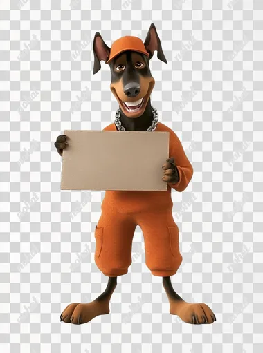 Doberman dog mascot, smiling, standing on two paws, holding sign, sign without inscription, wearing orange pajamas, orange cap on his head, silver chain around his neck , brown slippers, Pixar style, 3D style, on white background,