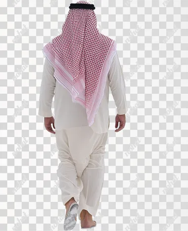 a saudi man walking from behind with a traditional shemagh headscarf. he is walking through a completely white environment