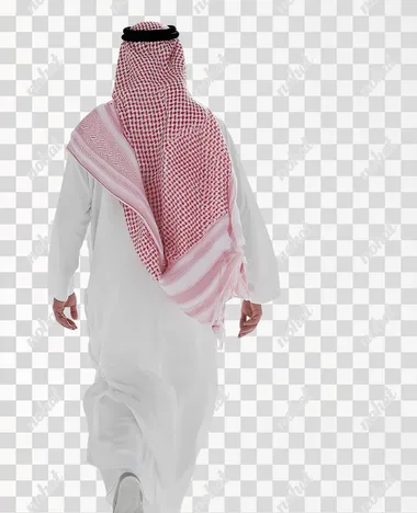 a saudi man walking from behind with a traditional shemagh headscarf. he is walking through a completely white environment