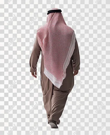 a saudi man walking from behind with a traditional shemagh headscarf. he is walking through a completely white environment