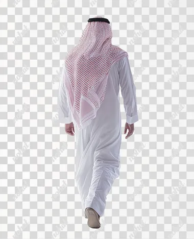 a saudi man walking from behind with a traditional shemagh headscarf. he is walking through a completely white environment
