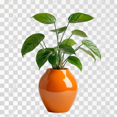 Orange vase with a plant on a white background