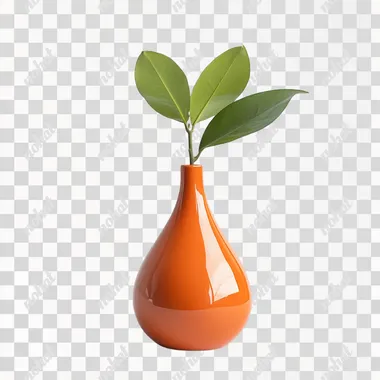 Orange vase with a plant on a white background