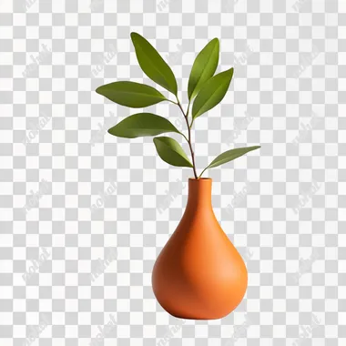 Orange vase with a plant on a white background