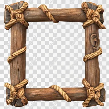 stylized wood and rope frame on a white background, stylized lighting, in the style of pixar, disney, Moana