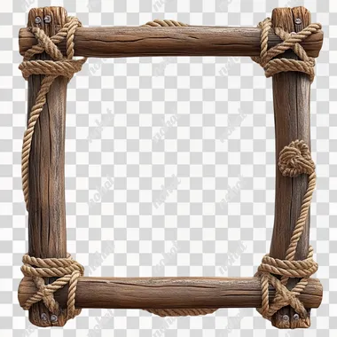 stylized wood and rope frame on a white background, stylized lighting, in the style of pixar, disney, Moana
