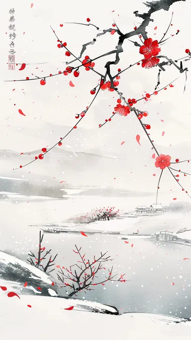 Poster design, large area of white, snow, plum blossom,