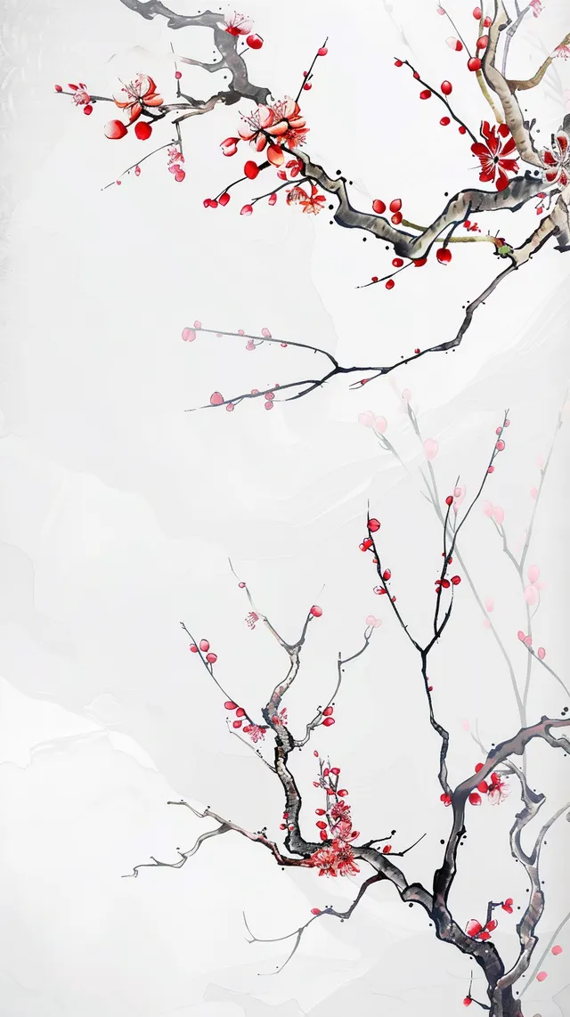 Tree with Red Flowers in Snowy Landscape Poster Design, 9:16 Aspect Ratio