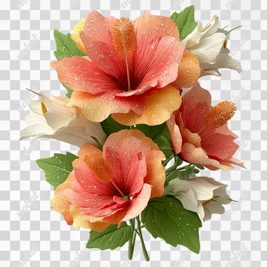 3D vector design of teracotta and yellow hibiscus flowers bouquet with white heliconia, green leaves, glitter surface on the petals only, white background, vector art style, digital illustration, fantasy, fantasy flower, fantasy flower artwork, fantasy clipart, vector graphics, fantasy flower artwork, fantasy digital sticker, fantasy sticker design, fantasy art sticker, clipart, strong outlines, isolated on a white background  --s 250