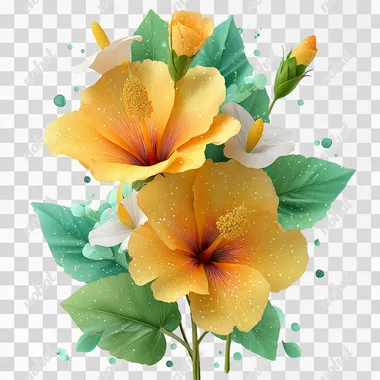 3D vector design of teracotta and yellow hibiscus flowers bouquet with white heliconia, green leaves, glitter surface on the petals only, white background, vector art style, digital illustration, fantasy, fantasy flower, fantasy flower artwork, fantasy clipart, vector graphics, fantasy flower artwork, fantasy digital sticker, fantasy sticker design, fantasy art sticker, clipart, strong outlines, isolated on a white background  --s 250