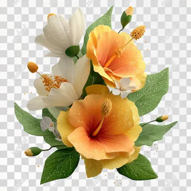 3D vector design of teracotta and yellow hibiscus flowers bouquet with white heliconia, green leaves, glitter surface on the petals only, white background, vector art style, digital illustration, fantasy, fantasy flower, fantasy flower artwork, fantasy clipart, vector graphics, fantasy flower artwork, fantasy digital sticker, fantasy sticker design, fantasy art sticker, clipart, strong outlines, isolated on a white background  --s 250