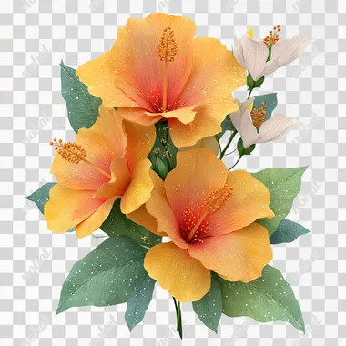 3D vector design of teracotta and yellow hibiscus flowers bouquet with white heliconia, green leaves, glitter surface on the petals only, white background, vector art style, digital illustration, fantasy, fantasy flower, fantasy flower artwork, fantasy clipart, vector graphics, fantasy flower artwork, fantasy digital sticker, fantasy sticker design, fantasy art sticker, clipart, strong outlines, isolated on a white background  --s 250