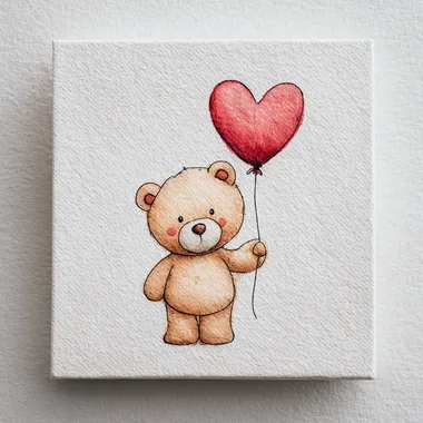 Cute watercolor clipart of a teddy bear holding a heart-shaped balloon, with a Valentine's Day theme on a white background. The canvas has no text in the middle, and the art style is 2D and flat.