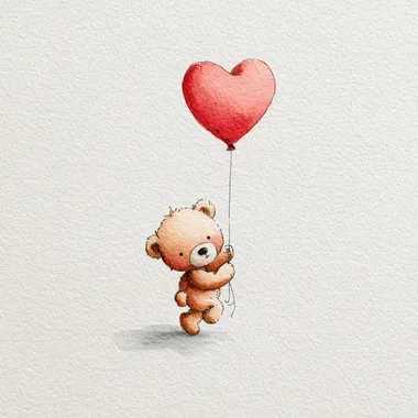 Cute watercolor clipart of a teddy bear holding a heart-shaped balloon, with a Valentine's Day theme on a white background. The canvas has no text in the middle, and the art style is 2D and flat.