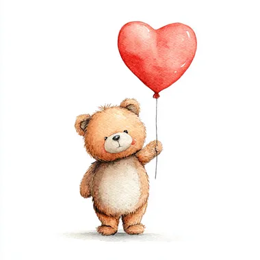 Cute watercolor clipart of a teddy bear holding a heart-shaped balloon, with a Valentine's Day theme on a white background. The canvas has no text in the middle, and the art style is 2D and flat.