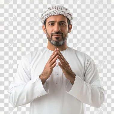 series of Omani man, 40 years old, wearing white dress, doing sign language, FRONT VIEW, white background, Ultra realistic, 8k, high resolution, This image has a shallow depth of field, realistic photography.