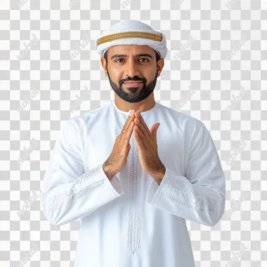 series of Omani man, 40 years old, wearing white dress, doing sign language, FRONT VIEW, white background, Ultra realistic, 8k, high resolution, This image has a shallow depth of field, realistic photography.