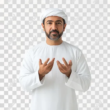 series of Omani man, 40 years old, wearing white dress, doing sign language, FRONT VIEW, white background, Ultra realistic, 8k, high resolution, This image has a shallow depth of field, realistic photography.