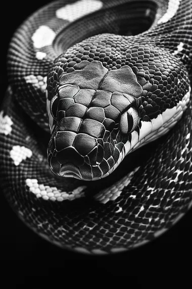 Black and white snake tattoo design, realistic, hyper-realistic, high resolution, high contrast, black background.