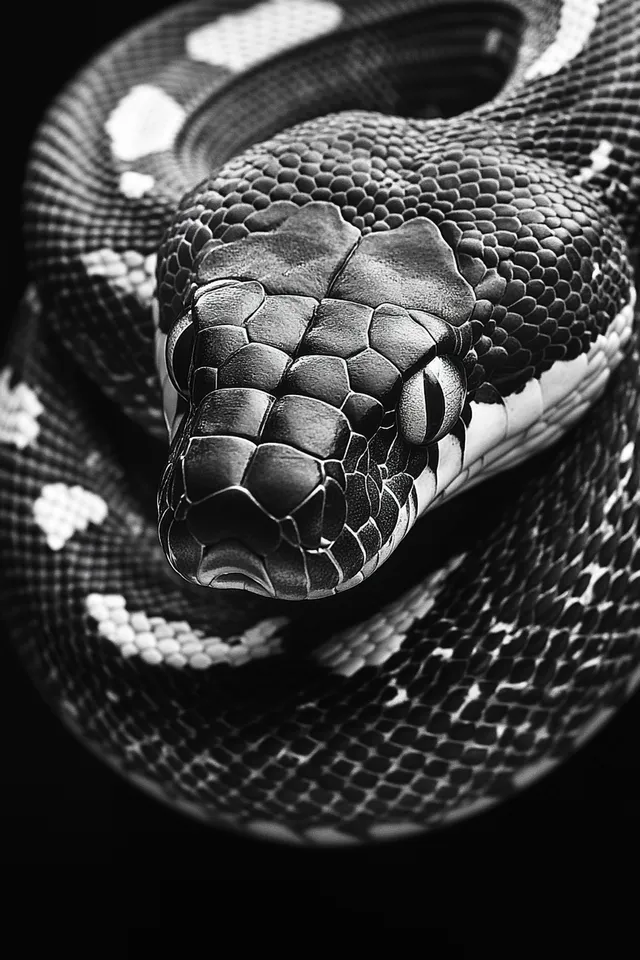 Black and White Snake Tattoo Design - Realistic Art on Dark Background