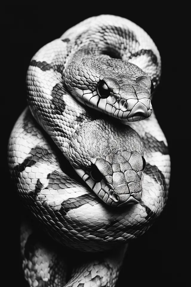 Black and White Snake Tattoo Design, Realistic, Tropical Habitat Art