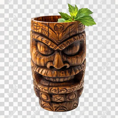 Tiki God Totem wooden cocktail Highball Mug Tumbler, isolated white background --s 250