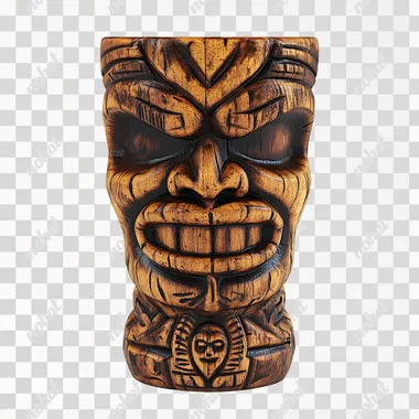 Tiki God Totem wooden cocktail Highball Mug Tumbler, isolated white background --s 250