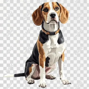 A beagle sitting, full-body illustration with detailed, realistic digital art in the style of a watercolor, sticker-style clipart award-winning portrait, centered in the middle of the frame and isolated on a white background.
