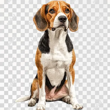 A beagle sitting, full-body illustration with detailed, realistic digital art in the style of a watercolor, sticker-style clipart award-winning portrait, centered in the middle of the frame and isolated on a white background.