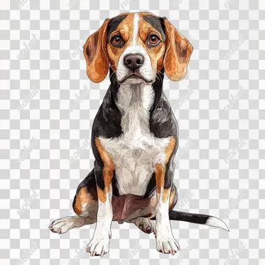 A beagle sitting, full-body illustration with detailed, realistic digital art in the style of a watercolor, sticker-style clipart award-winning portrait, centered in the middle of the frame and isolated on a white background.