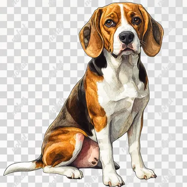 A beagle sitting, full-body illustration with detailed, realistic digital art in the style of a watercolor, sticker-style clipart award-winning portrait, centered in the middle of the frame and isolated on a white background.