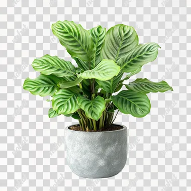 super healthy calathea plant with green leaves, strong and healhty in a modern stone plant pot on a white background