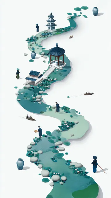 An illustration of porcelain production in Jingdezhen, China, is drawn against a white background. The river is depicted as a circular path that transitions from blue to green, with small boats floating on the river. There is also a traditional Chinese pavilion at the end of the path. Between these elements, there is also a Chinese building, both of which have unique designs. The silhouettes of the characters are on peonies, carrying porcelain, and the scene shows a minimalist style. It should be high-resolution.