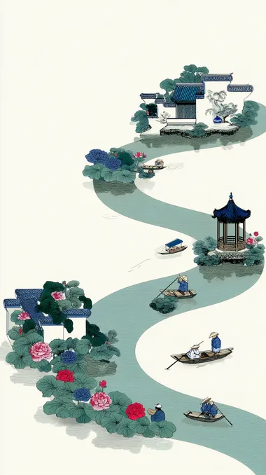 An illustration of porcelain production in Jingdezhen, China, is drawn against a white background. The river is depicted as a circular path that transitions from blue to green, with small boats floating on the river. There is also a traditional Chinese pavilion at the end of the path. Between these elements, there is also a Chinese building, both of which have unique designs. The silhouettes of the characters are on peonies, carrying porcelain, and the scene shows a minimalist style. It should be high-resolution.