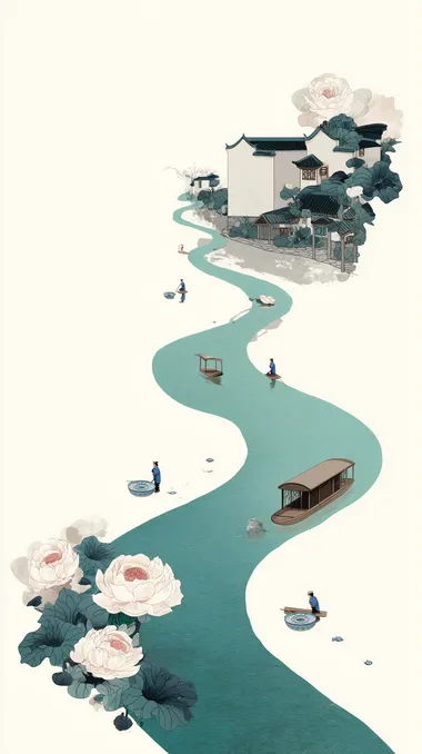 An illustration of porcelain production in Jingdezhen, China, is drawn against a white background. The river is depicted as a circular path that transitions from blue to green, with small boats floating on the river. There is also a traditional Chinese pavilion at the end of the path. Between these elements, there is also a Chinese building, both of which have unique designs. The silhouettes of the characters are on peonies, carrying porcelain, and the scene shows a minimalist style. It should be high-resolution.