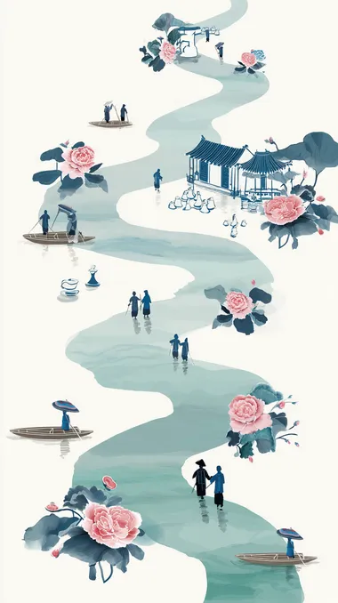 An illustration of porcelain production in Jingdezhen, China, is drawn against a white background. The river is depicted as a circular path that transitions from blue to green, with small boats floating on the river. There is also a traditional Chinese pavilion at the end of the path. Between these elements, there is also a Chinese building, both of which have unique designs. The silhouettes of the characters are on peonies, carrying porcelain, and the scene shows a minimalist style. It should be high-resolution.