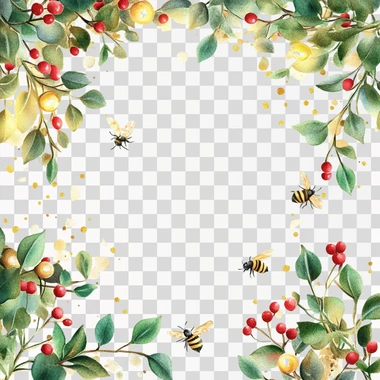 Borde con ramas de abeto verde, luces de oro y bayas rojas aisladas en un fondo blanco