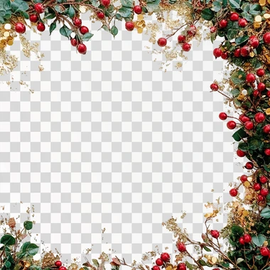 Borde con ramas de abeto verde, luces de oro y bayas rojas aisladas en un fondo blanco