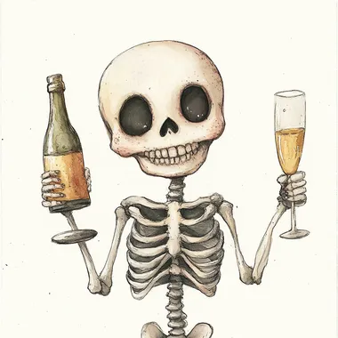 cute watercolor skeleton holding champagne , isolated on white background, childrens book style by Jon Klassen and Seb McKinnon  --s 250