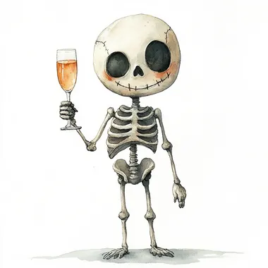 cute watercolor skeleton holding champagne , isolated on white background, childrens book style by Jon Klassen and Seb McKinnon  --s 250