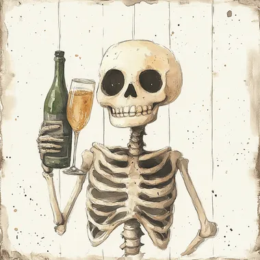 cute watercolor skeleton holding champagne , isolated on white background, childrens book style by Jon Klassen and Seb McKinnon  --s 250