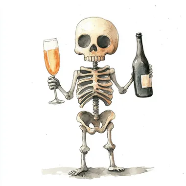 cute watercolor skeleton holding champagne , isolated on white background, childrens book style by Jon Klassen and Seb McKinnon  --s 250
