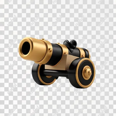 3D icon of a cannon, in the style of a cartoon style, on a white background, with a black and gold color scheme, a simple design, in the style of Pixar, with a cartoonish appearance.