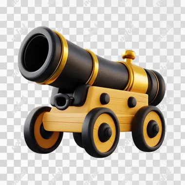 3D icon of a cannon, in the style of a cartoon style, on a white background, with a black and gold color scheme, a simple design, in the style of Pixar, with a cartoonish appearance.