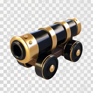 3D icon of a cannon, in the style of a cartoon style, on a white background, with a black and gold color scheme, a simple design, in the style of Pixar, with a cartoonish appearance.