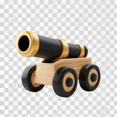 3D icon of a cannon, in the style of a cartoon style, on a white background, with a black and gold color scheme, a simple design, in the style of Pixar, with a cartoonish appearance.