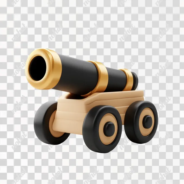 PNG Cartoon Cannon Toy Icon with Black and Gold Wheels for Kids' Room
