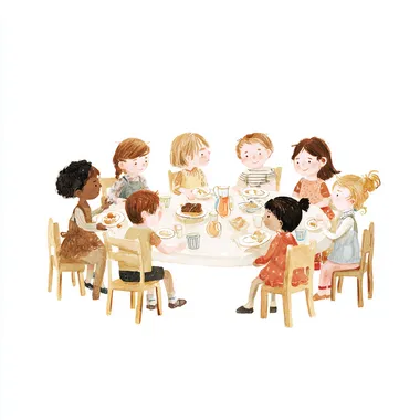A kindergarten group sitting at a dining table eating. The food and drinks are in the middle, and the table is set with plates and glasses. The children are sitting on cute wooden children's chairs. Scandinavian children's book illustration style. Plain, simple, soft watercolor tones. Minimalist and warm design. Child-friendly. Flat background, white background, no shadows. Clear and bright composition. Cute style. Child-friendly, folk art style. --s 25