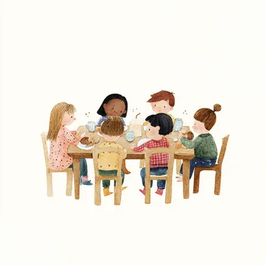 A kindergarten group sitting at a dining table eating. The food and drinks are in the middle, and the table is set with plates and glasses. The children are sitting on cute wooden children's chairs. Scandinavian children's book illustration style. Plain, simple, soft watercolor tones. Minimalist and warm design. Child-friendly. Flat background, white background, no shadows. Clear and bright composition. Cute style. Child-friendly, folk art style. --s 25